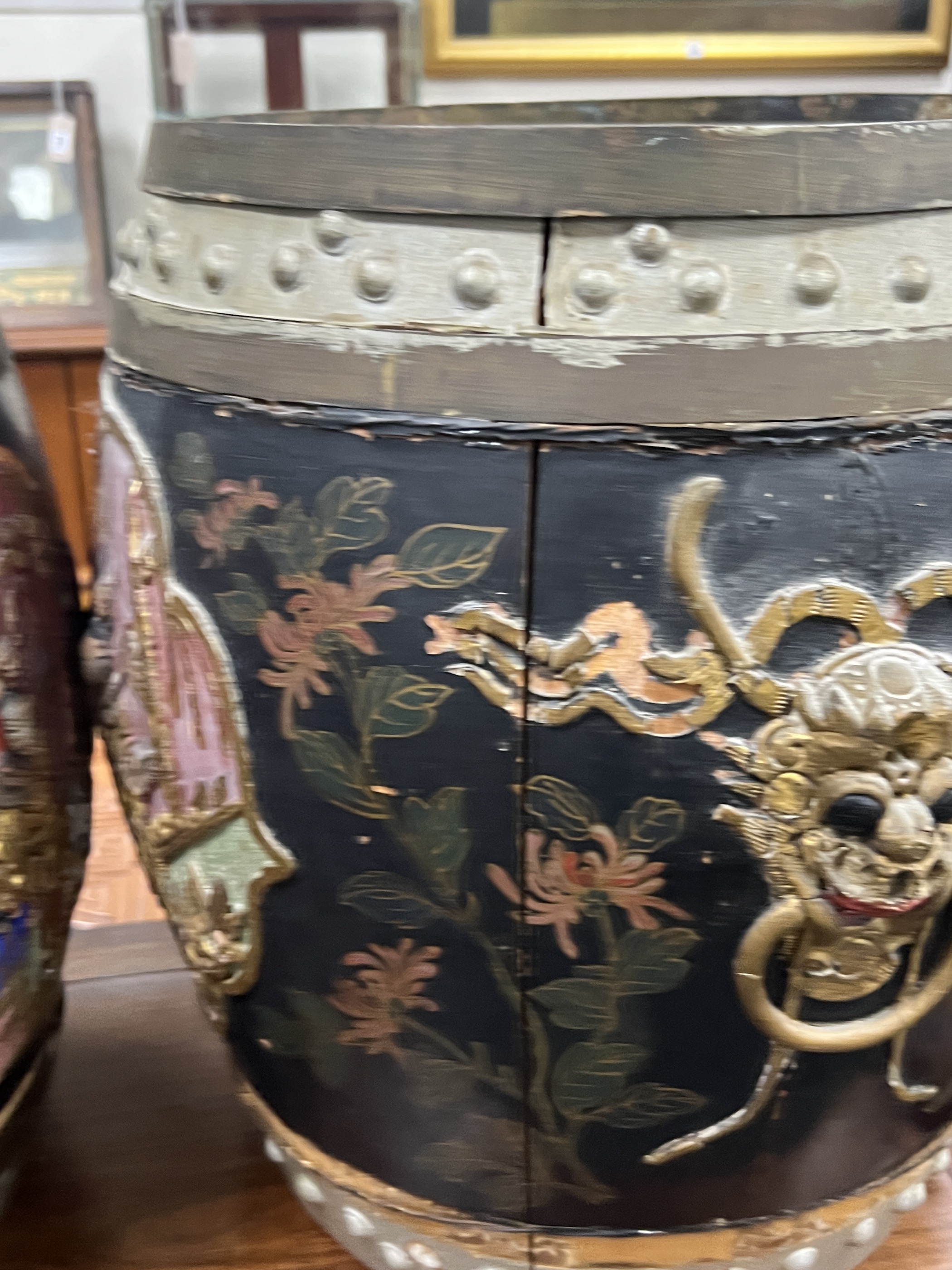 A pair of Chinese lacquer wood 'barrel' seats with lift off lids, 40cm high